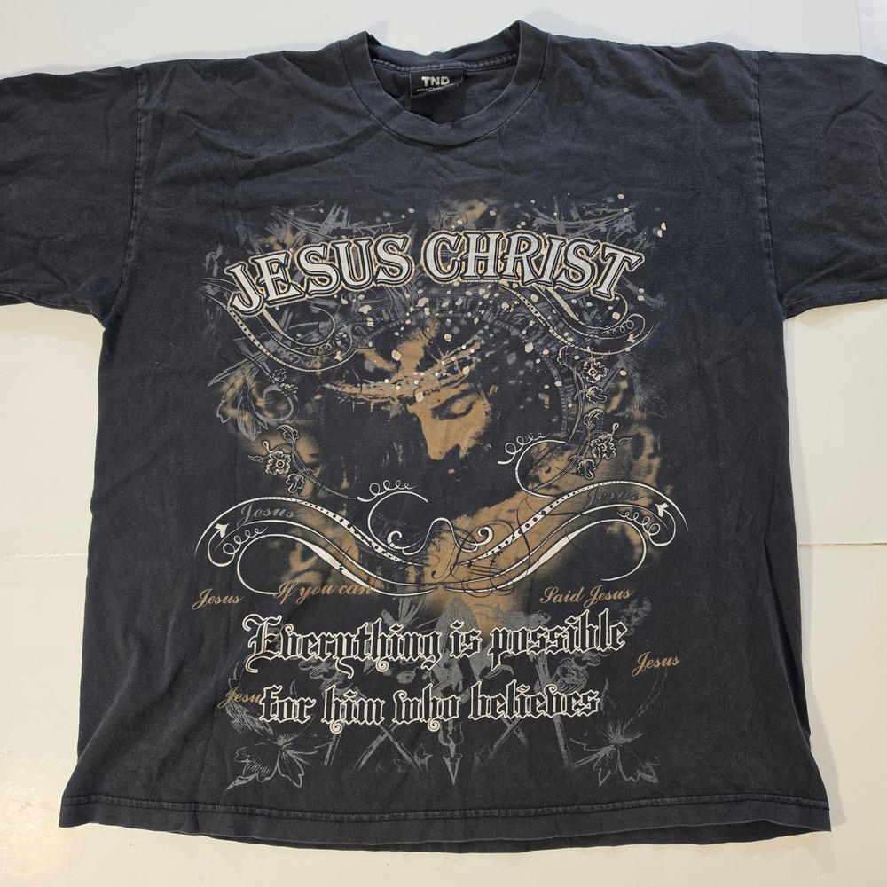 Vtg 990's TND Jesus Christ AOP Graphic Tee Mens 2XL Black Faded Grunge Christian